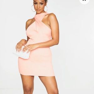Peach Twist Front Ribbed Knitted Mini Dress